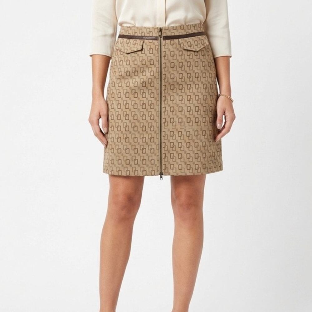 Bisou Bisou Women's Vtg A Line Skirt 4 Brown Jacquard Print Leather Trim Zip Up
